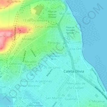 Mapa topográfico Centenario, altitud, relieve