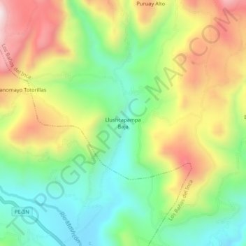 Mapa topográfico Llushcapampa Baja, altitud, relieve
