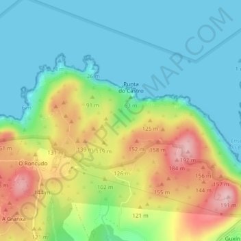 Mapa topográfico A Zapateira, altitud, relieve