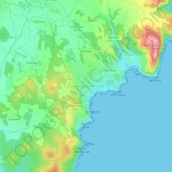 Mapa topográfico Calella de Palafrugell, altitud, relieve