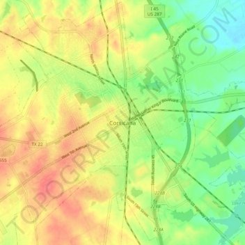 Mapa topográfico Corsicana, altitud, relieve