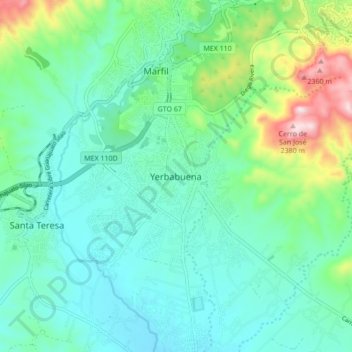 Mapa topográfico Yerbabuena, altitud, relieve