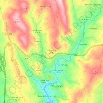 Mapa topográfico Salgueiro da Lomba, altitud, relieve