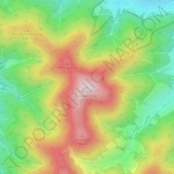 Mapa topográfico Kybfelsen (Schwarzkopf), altitud, relieve