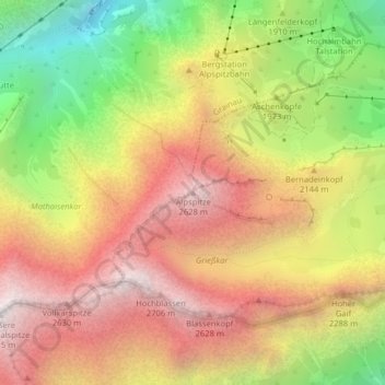 Mapa topográfico Alpspitze, altitud, relieve