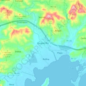 Mapa topográfico Guayanilla, altitud, relieve