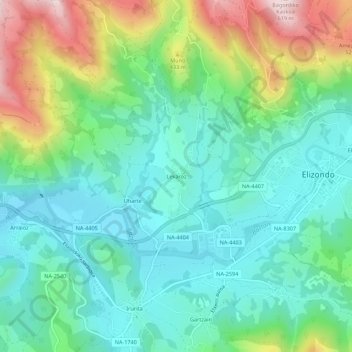 Mapa topográfico Lekaroz, altitud, relieve
