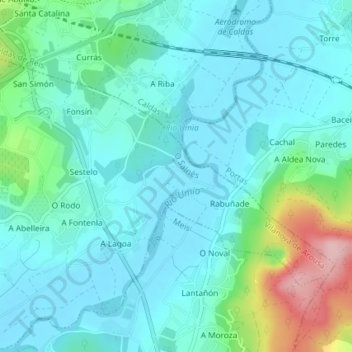 Mapa topográfico A Veiga, altitud, relieve