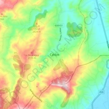 Mapa topográfico Caldas, altitud, relieve