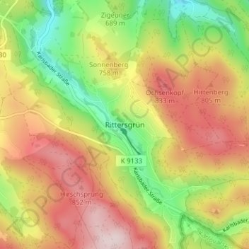 Mapa topográfico Rittersgrün, altitud, relieve