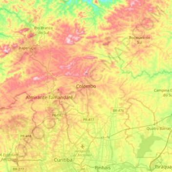 Mapa topográfico Colombo, altitud, relieve