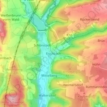 Mapa topográfico Fischbach, altitud, relieve