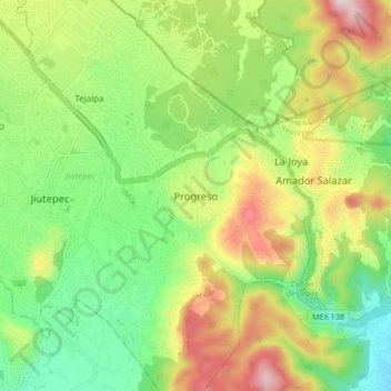 Mapa topográfico Progreso, altitud, relieve