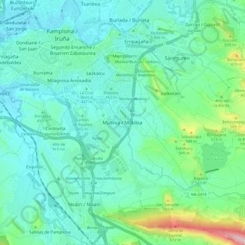 Mapa topográfico Mutilva, altitud, relieve