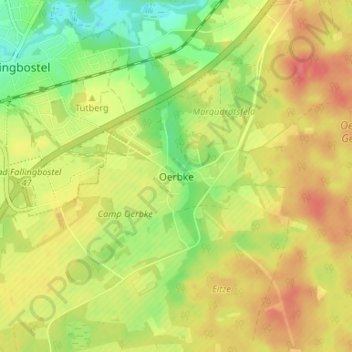 Mapa topográfico Oerbke, altitud, relieve