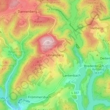 Mapa topográfico Unnenberg, altitud, relieve