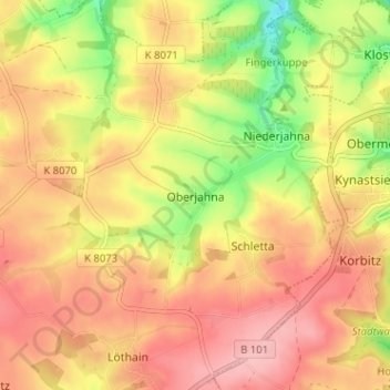 Mapa topográfico Oberjahna, altitud, relieve