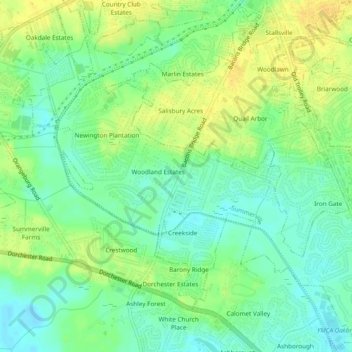 Mapa topográfico Evergreen, altitud, relieve