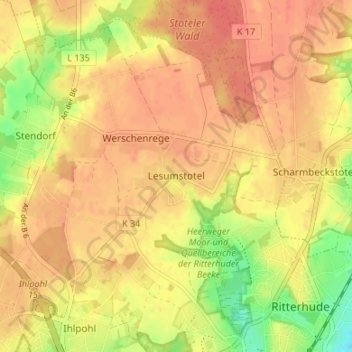 Mapa topográfico Lesumstotel, altitud, relieve