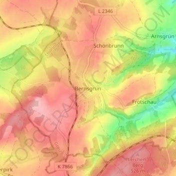 Mapa topográfico Bernsgrün, altitud, relieve
