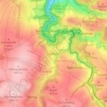 Mapa topográfico Lübau, altitud, relieve