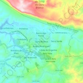 Mapa topográfico Ouro Branco, altitud, relieve