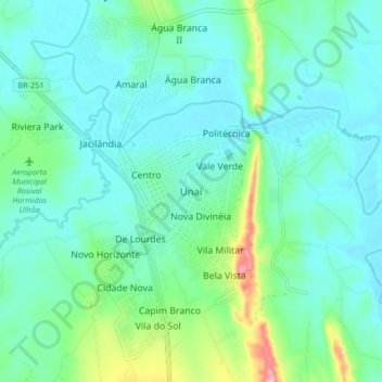 Mapa topográfico Unaí, altitud, relieve