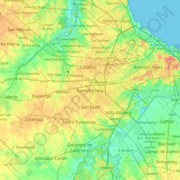 Mapa topográfico Ramos Mejía, altitud, relieve