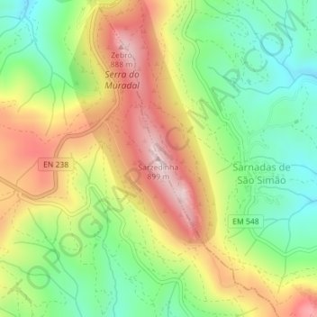 Mapa topográfico Sarzedinha, altitud, relieve