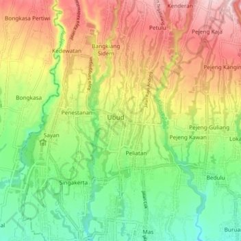 Mapa topográfico Ubud, altitud, relieve