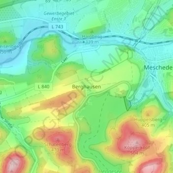 Mapa topográfico Berghausen, altitud, relieve