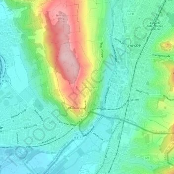 Mapa topográfico Untertüllingen, altitud, relieve
