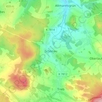 Mapa topográfico Schönau, altitud, relieve