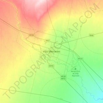 Mapa topográfico Villa Mercedes, altitud, relieve