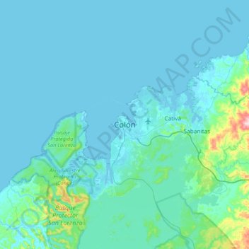 Mapa topográfico Colón, altitud, relieve