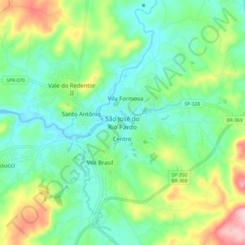 Mapa topográfico São José do Rio Pardo, altitud, relieve