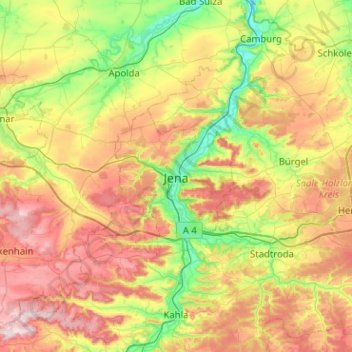 Mapa topográfico Jena, altitud, relieve