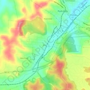 Mapa topográfico Elvins, altitud, relieve