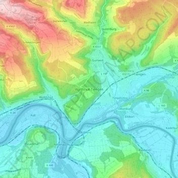 Mapa topográfico Waldshut-Tiengen, altitud, relieve