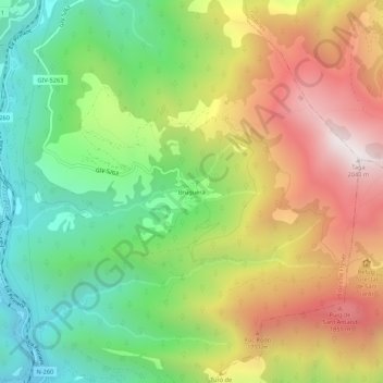 Mapa topográfico Bruguera, altitud, relieve