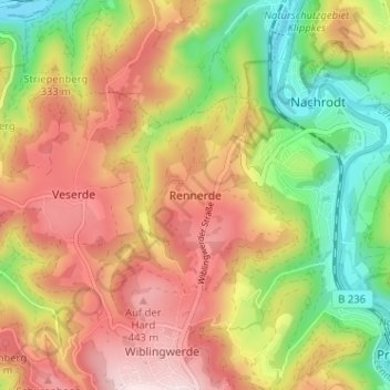 Mapa topográfico Rennerde, altitud, relieve