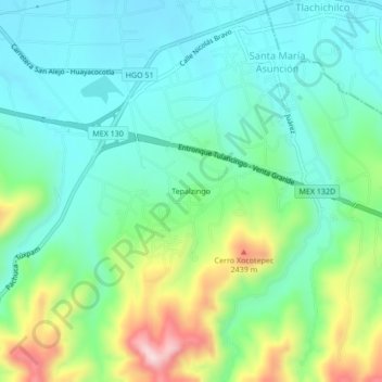 Mapa topográfico Tepalzingo, altitud, relieve