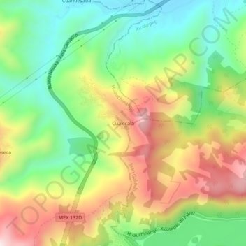 Mapa topográfico Cuaxicala, altitud, relieve