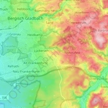 Mapa topográfico Bensberg, altitud, relieve