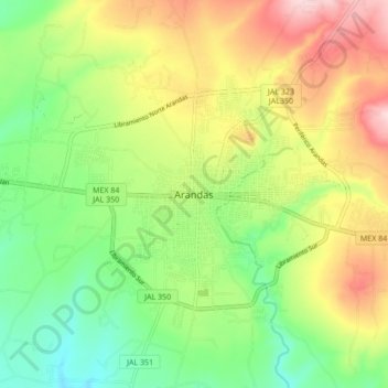 Mapa topográfico Arandas, altitud, relieve