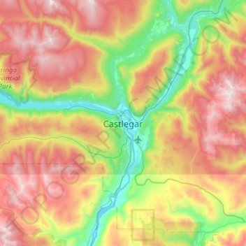 Mapa topográfico Castlegar, altitud, relieve