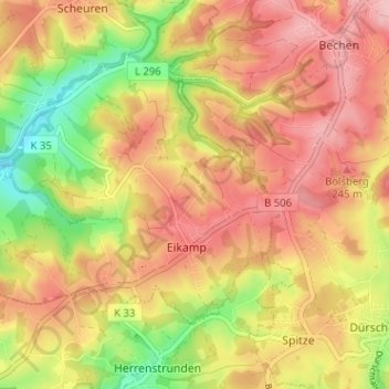 Mapa topográfico Oberscheid, altitud, relieve