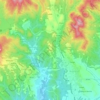Mapa topográfico Rongio Superiore, altitud, relieve