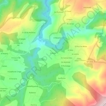 Mapa topográfico A Veiga, altitud, relieve