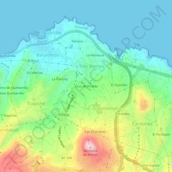 Mapa topográfico Cruz de Pineda, altitud, relieve